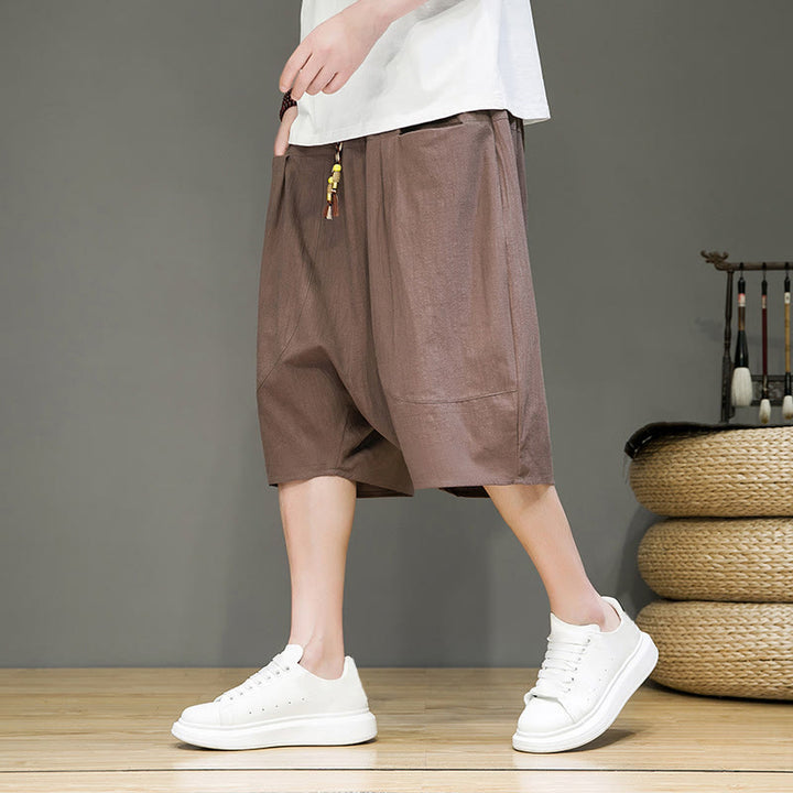 Pantaloni harem da uomo in cotone e lino con coulisse, stile capri, con tasche, Buddha Stones