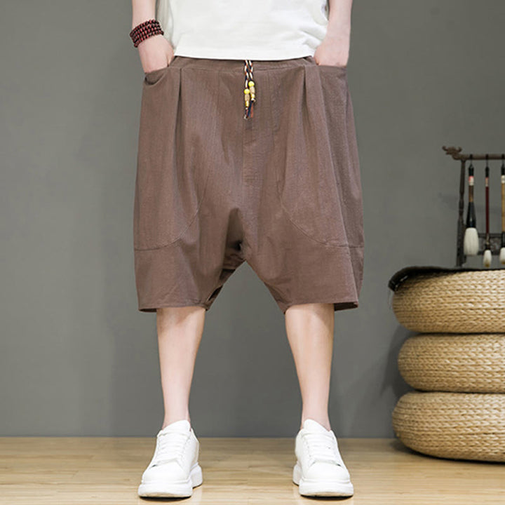 Pantaloni harem da uomo in cotone e lino con coulisse, stile capri, con tasche, Buddha Stones