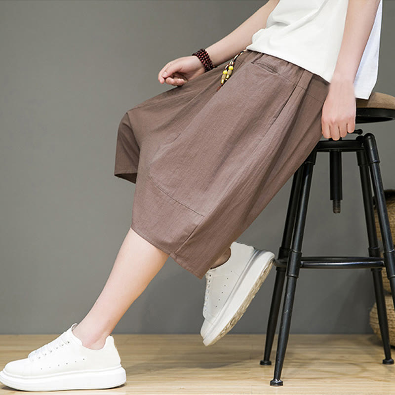 Pantaloni harem da uomo in cotone e lino con coulisse, stile capri, con tasche, Buddha Stones