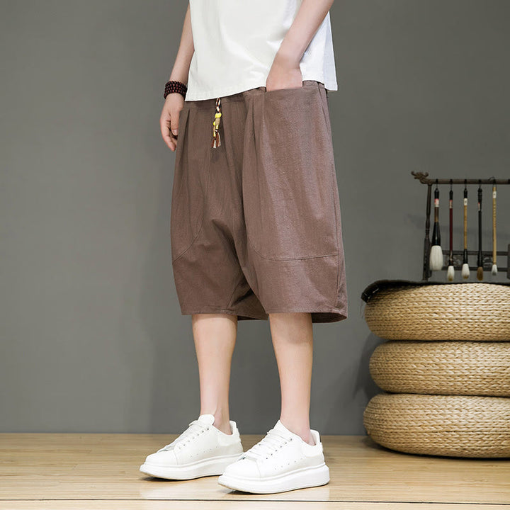 Pantaloni harem da uomo in cotone e lino con coulisse, stile capri, con tasche, Buddha Stones