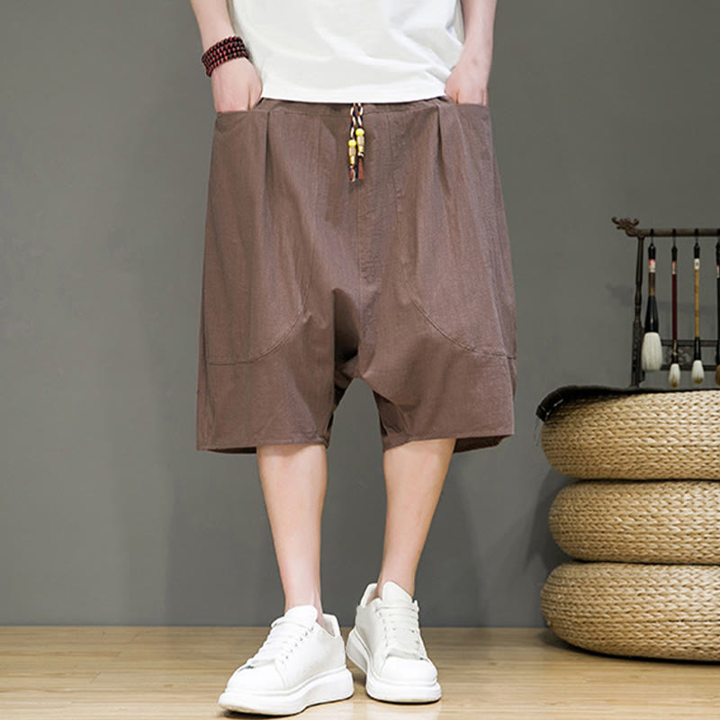 Pantaloni harem da uomo in cotone e lino con coulisse, stile capri, con tasche, Buddha Stones