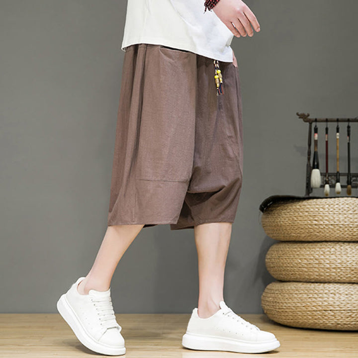 Pantaloni harem da uomo in cotone e lino con coulisse, stile capri, con tasche, Buddha Stones