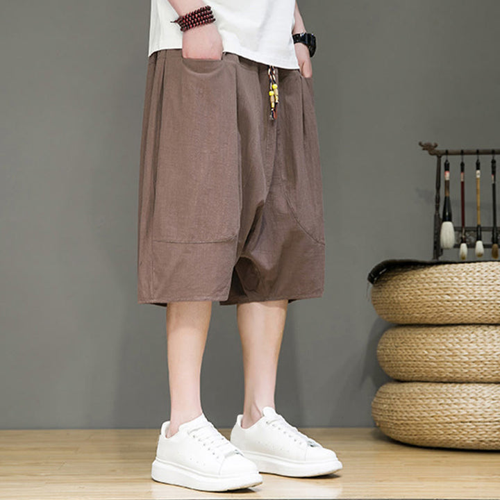 Pantaloni harem da uomo in cotone e lino con coulisse, stile capri, con tasche, Buddha Stones