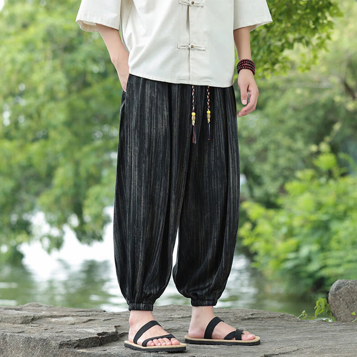 Pantaloni harem da uomo con coulisse e tasche, modello Buddha Stones Summer Black Stripes - image 2