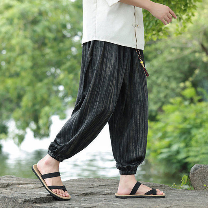 Pantaloni harem da uomo con coulisse e tasche, modello Buddha Stones Summer Black Stripes - image 7