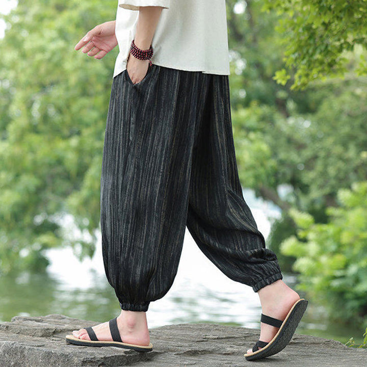 Pantaloni harem da uomo con coulisse e tasche, modello Buddha Stones Summer Black Stripes - image 4
