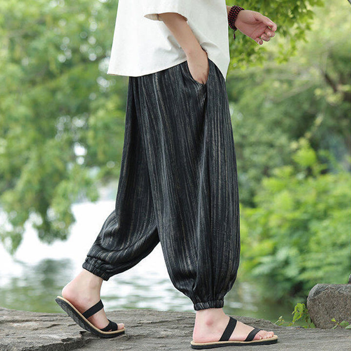 Pantaloni harem da uomo con coulisse e tasche, modello Buddha Stones Summer Black Stripes