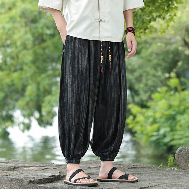 Pantaloni harem da uomo con coulisse e tasche, modello Buddha Stones Summer Black Stripes - image 5