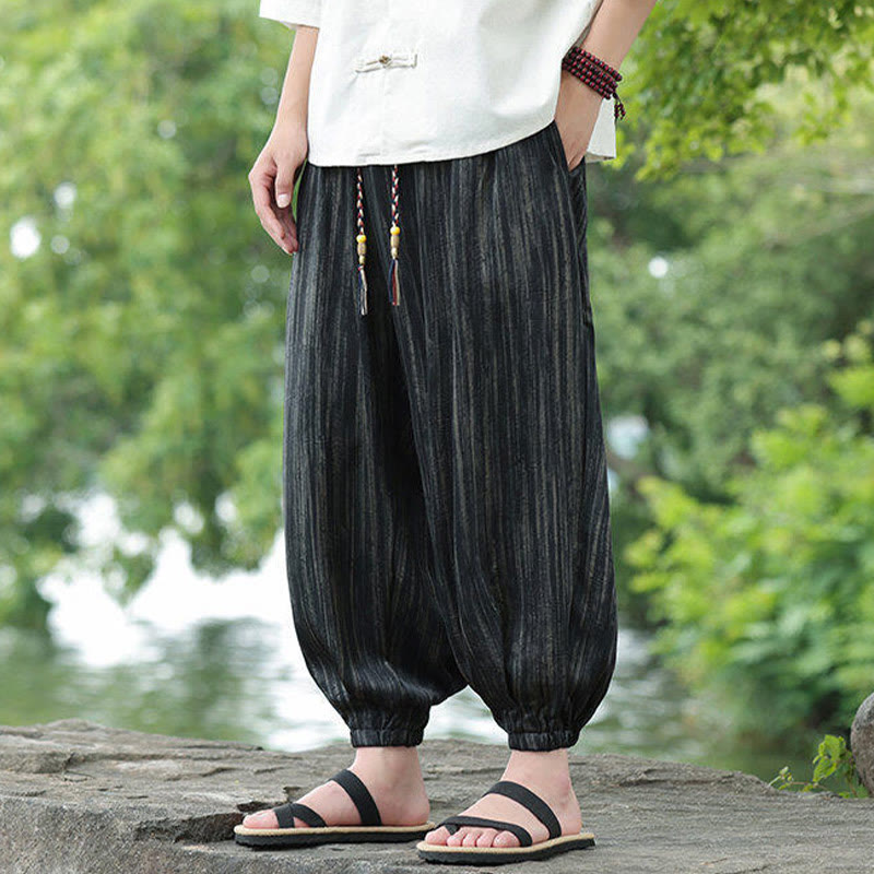 Pantaloni harem da uomo con coulisse e tasche, modello Buddha Stones Summer Black Stripes - image 6