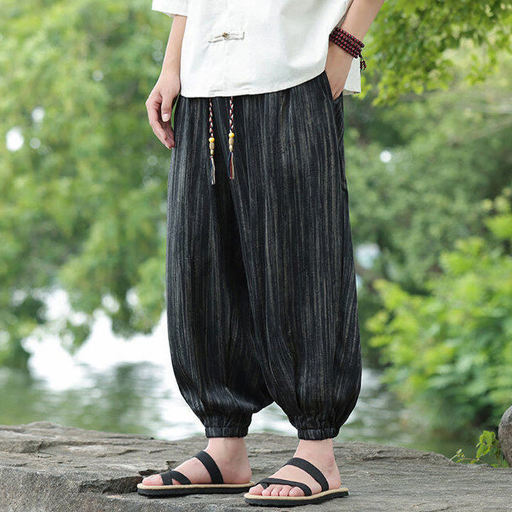 Pantaloni harem da uomo con coulisse e tasche, modello Buddha Stones Summer Black Stripes - image 6