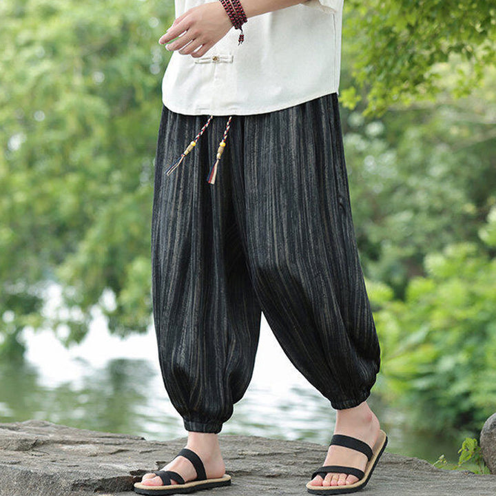Pantaloni harem da uomo con coulisse e tasche, modello Buddha Stones Summer Black Stripes - Nero - US/UK/AU46, EU56 (5XL) - image 0