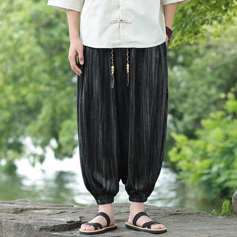 Pantaloni harem da uomo con coulisse e tasche, modello Buddha Stones Summer Black Stripes - image 1