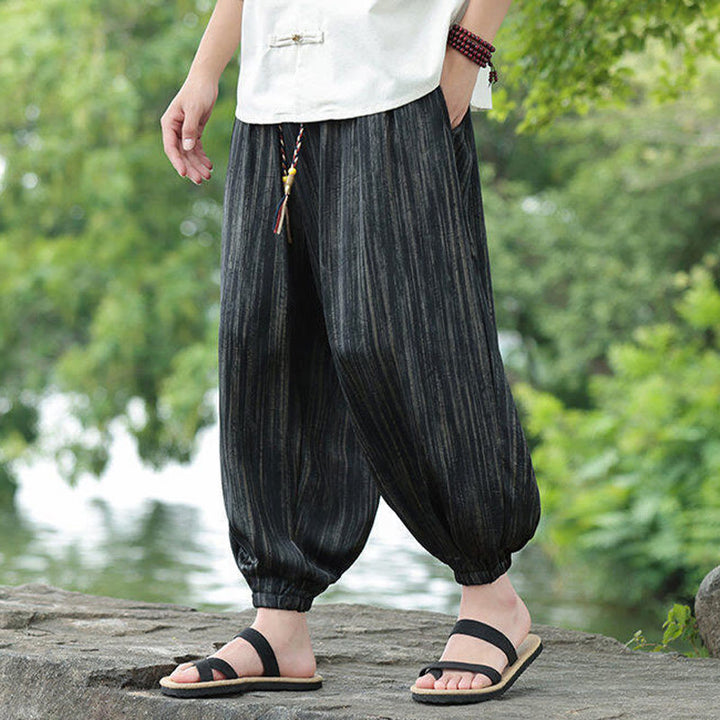 Pantaloni harem da uomo con coulisse e tasche, modello Buddha Stones Summer Black Stripes