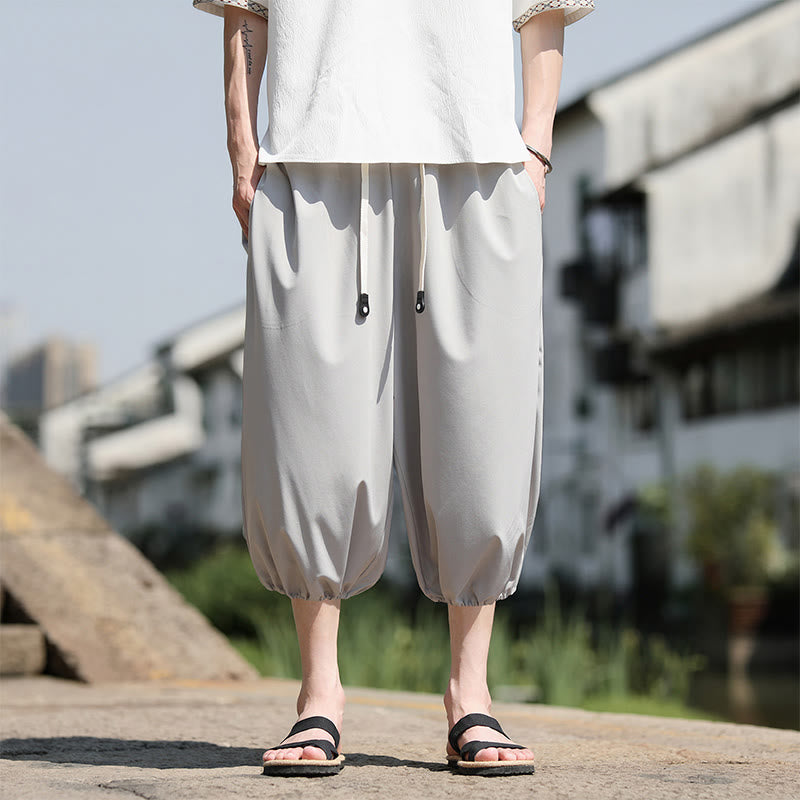 Pantaloni harem Capri corti da uomo con coulisse Buddha Stones Solid e tasche - Grigio chiaro - US/UK/AU46, EU56 (5XL) - image 9