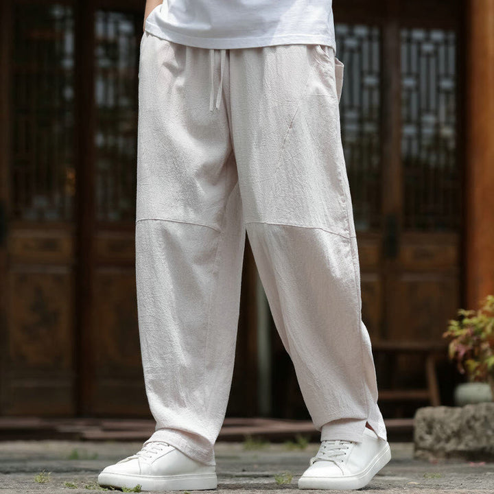 Pantaloni da uomo in cotone e lino con coulisse e tasche, modello Buddha Stones
