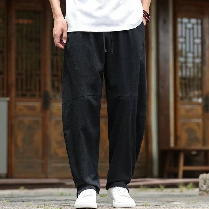 Pantaloni da uomo in cotone e lino con coulisse e tasche, modello Buddha Stones