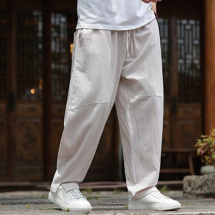Pantaloni da uomo in cotone e lino con coulisse e tasche, modello Buddha Stones