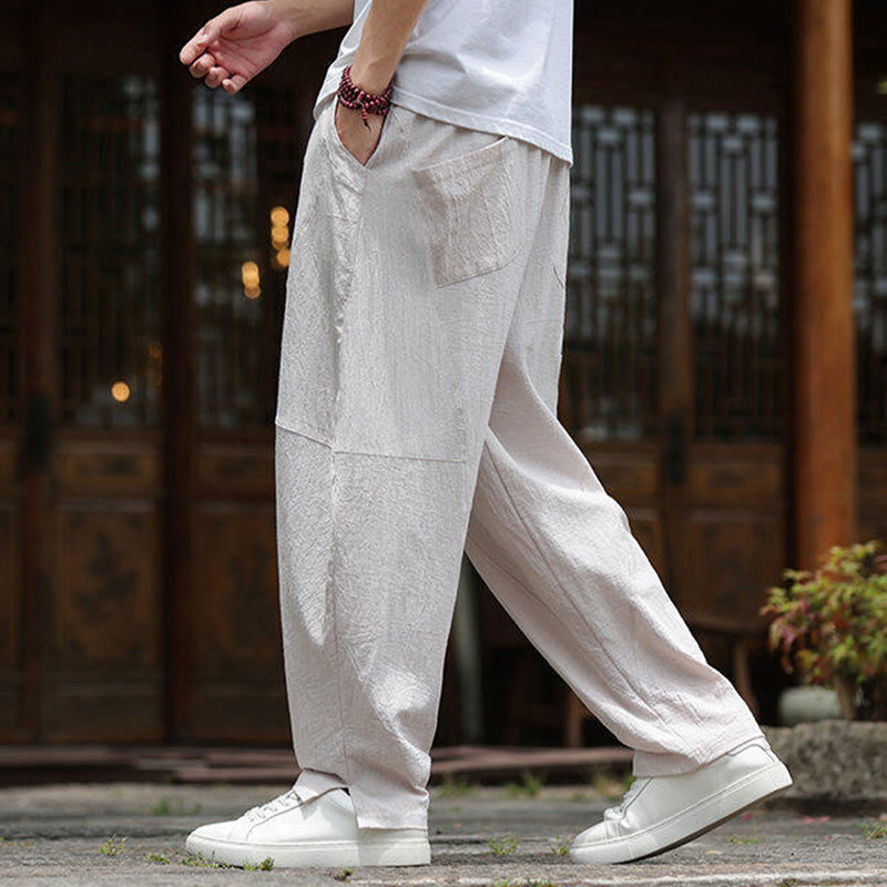 Pantaloni da uomo in cotone e lino con coulisse e tasche, modello Buddha Stones