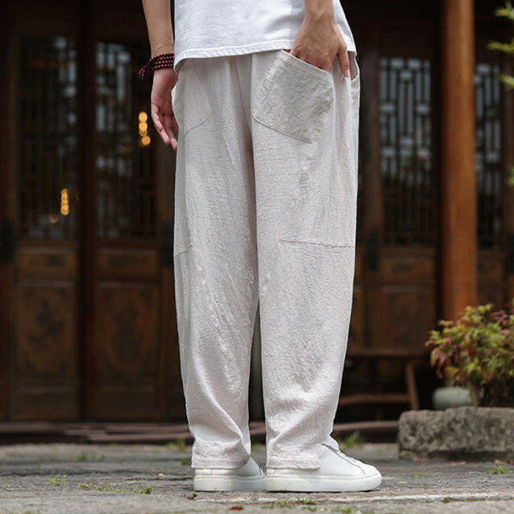 Pantaloni da uomo in cotone e lino con coulisse e tasche, modello Buddha Stones