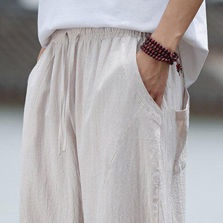 Pantaloni da uomo in cotone e lino con coulisse e tasche, modello Buddha Stones