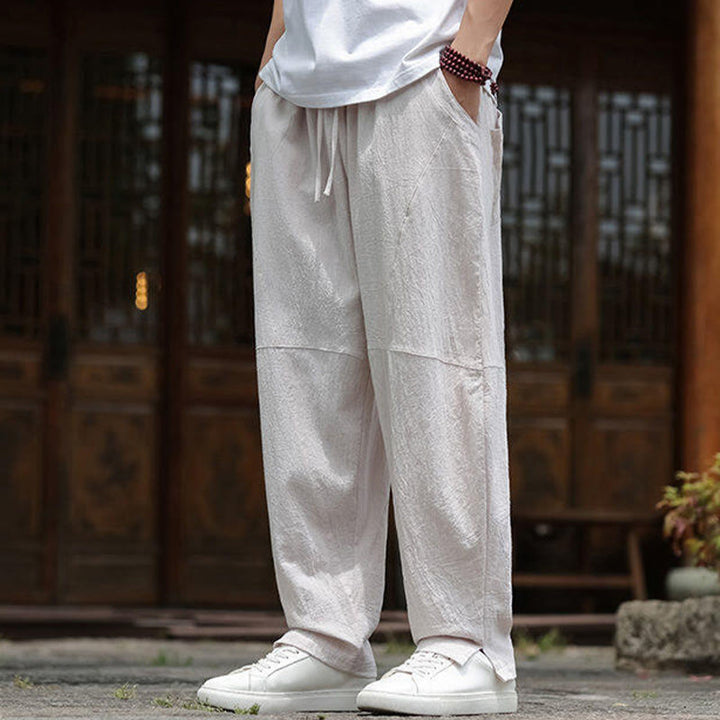Pantaloni da uomo in cotone e lino con coulisse e tasche, modello Buddha Stones
