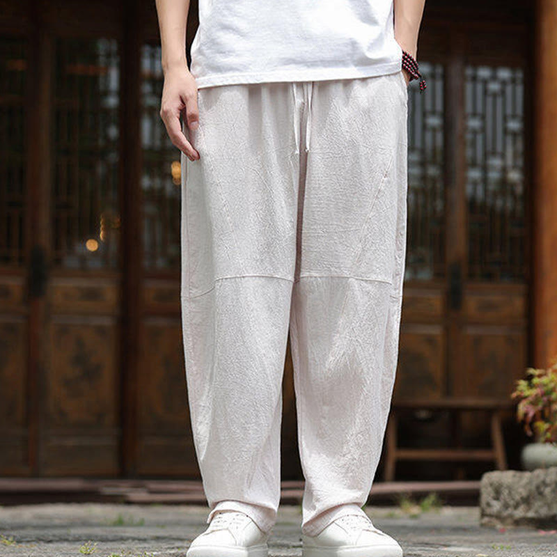 Pantaloni da uomo in cotone e lino con coulisse e tasche, modello Buddha Stones