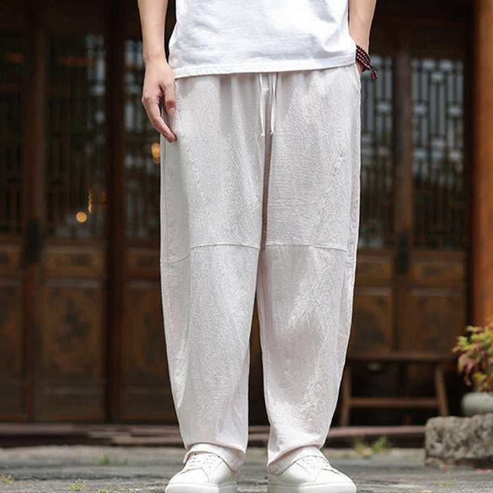 Pantaloni da uomo in cotone e lino con coulisse e tasche, modello Buddha Stones
