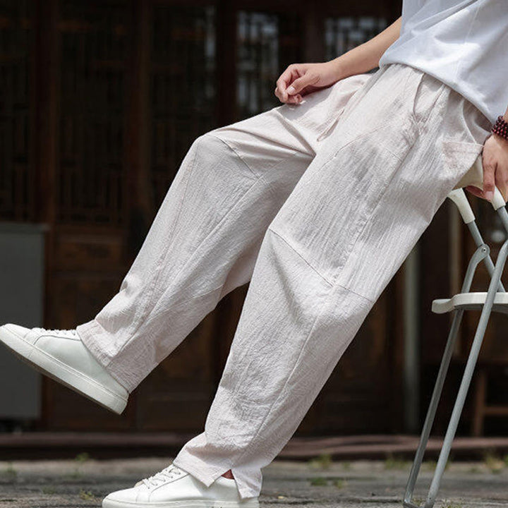 Pantaloni da uomo in cotone e lino con coulisse e tasche, modello Buddha Stones