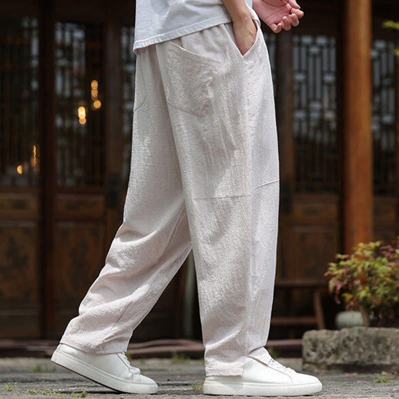 Pantaloni da uomo in cotone e lino con coulisse e tasche, modello Buddha Stones