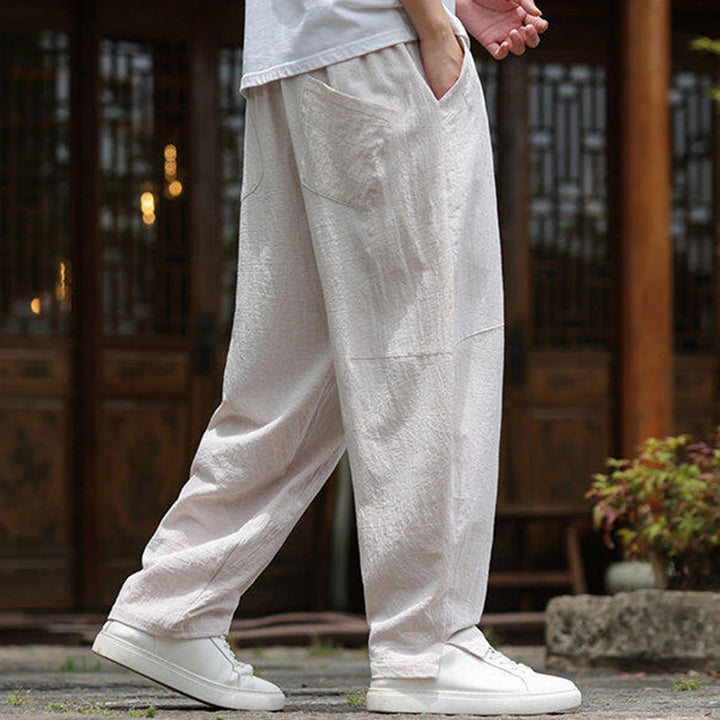 Pantaloni da uomo in cotone e lino con coulisse e tasche, modello Buddha Stones