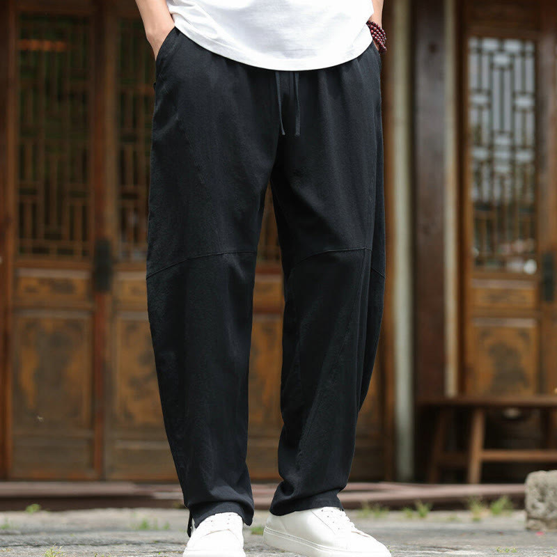 Pantaloni da uomo in cotone e lino con coulisse e tasche, modello Buddha Stones