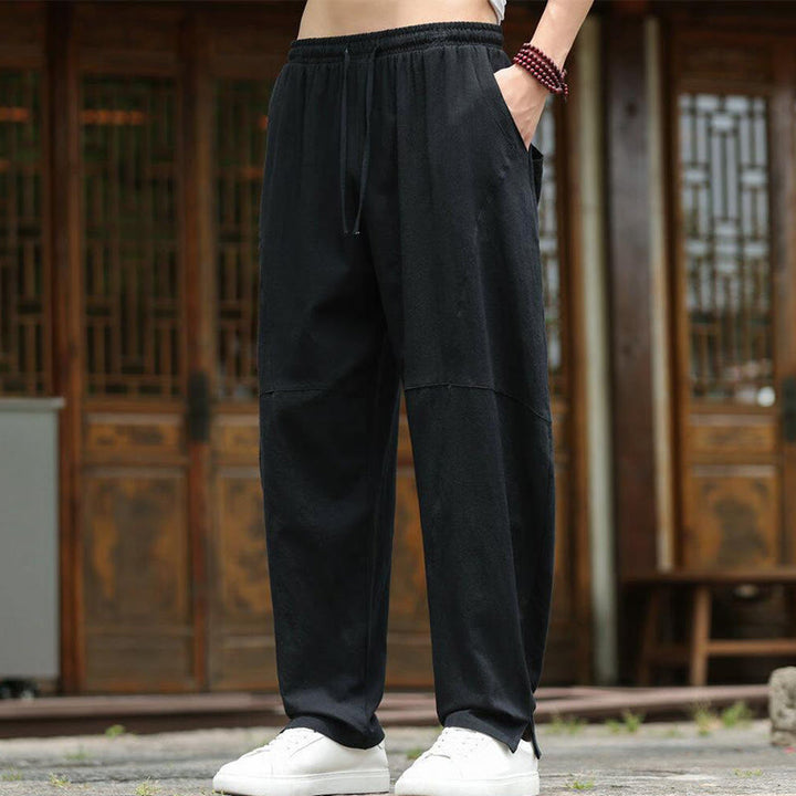 Pantaloni da uomo in cotone e lino con coulisse e tasche, modello Buddha Stones