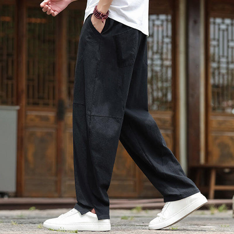 Pantaloni da uomo in cotone e lino con coulisse e tasche, modello Buddha Stones