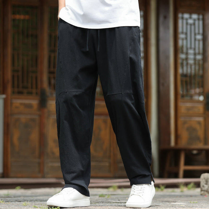 Pantaloni da uomo in cotone e lino con coulisse e tasche, modello Buddha Stones