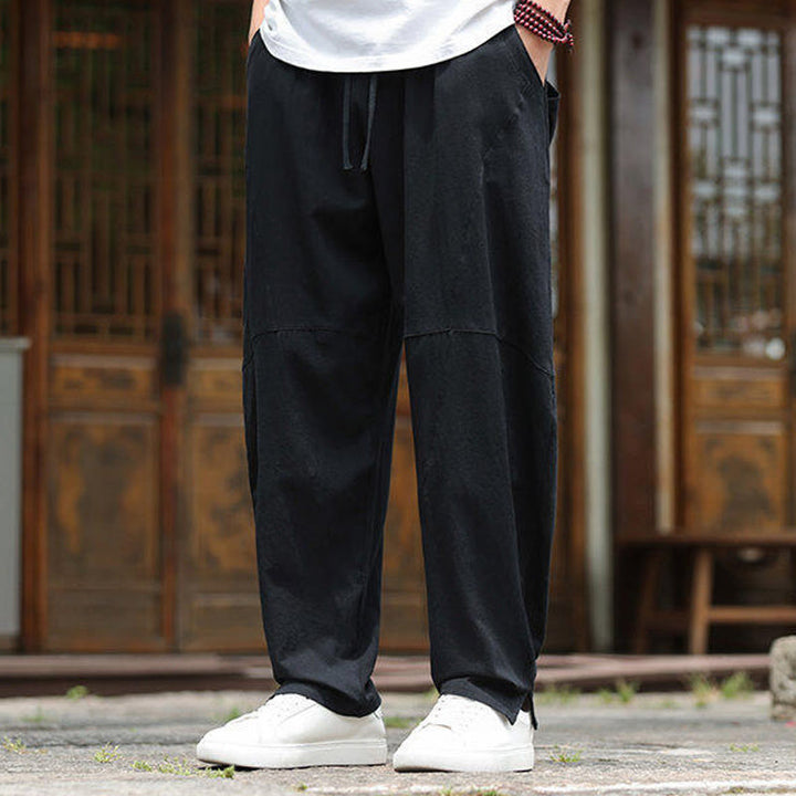 Pantaloni da uomo in cotone e lino con coulisse e tasche, modello Buddha Stones