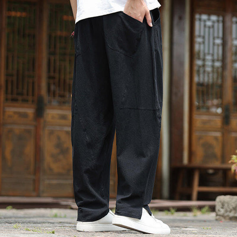Pantaloni da uomo in cotone e lino con coulisse e tasche, modello Buddha Stones