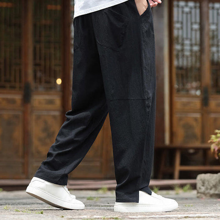 Pantaloni da uomo in cotone e lino con coulisse e tasche, modello Buddha Stones
