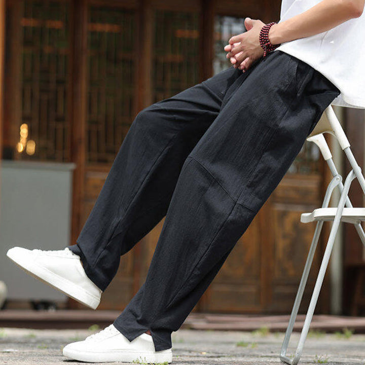 Pantaloni da uomo in cotone e lino con coulisse e tasche, modello Buddha Stones