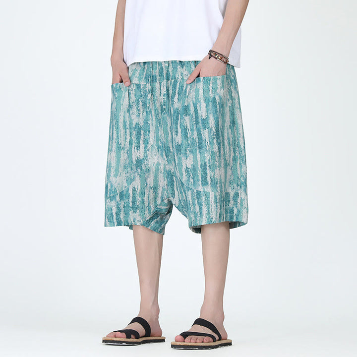 Pantaloni Capri da uomo in cotone e lino a righe estive Buddha Stones con tasche