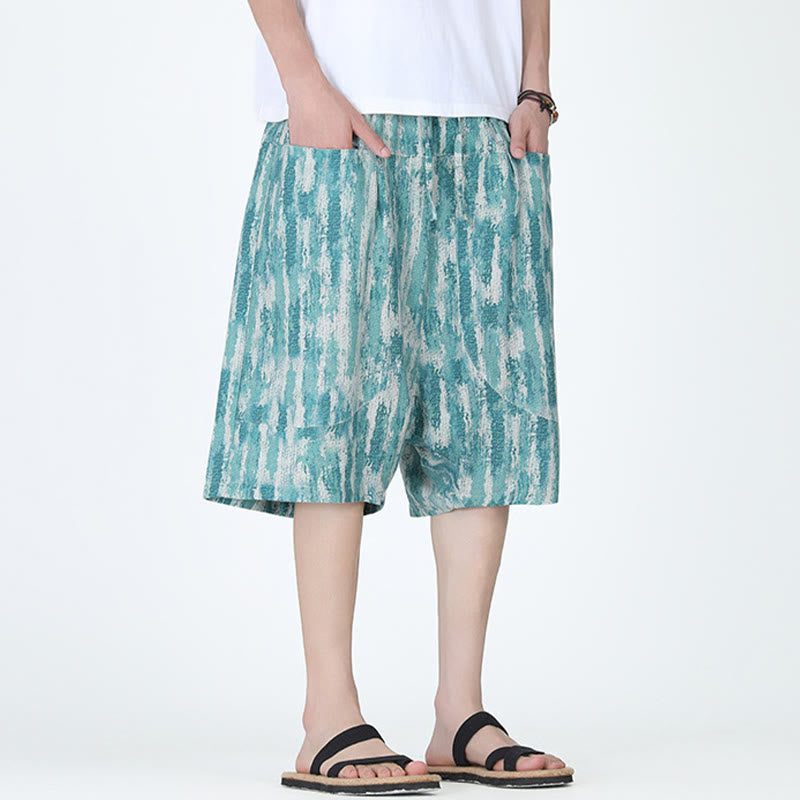 Pantaloni Capri da uomo in cotone e lino a righe estive Buddha Stones con tasche