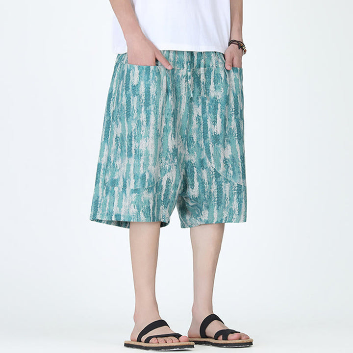 Pantaloni Capri da uomo in cotone e lino a righe estive Buddha Stones con tasche