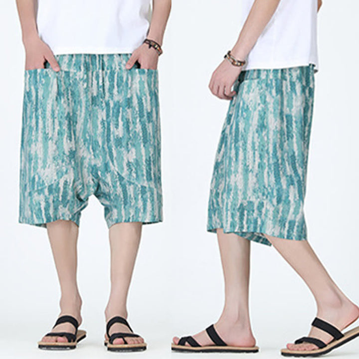 Pantaloni Capri da uomo in cotone e lino a righe estive Buddha Stones con tasche