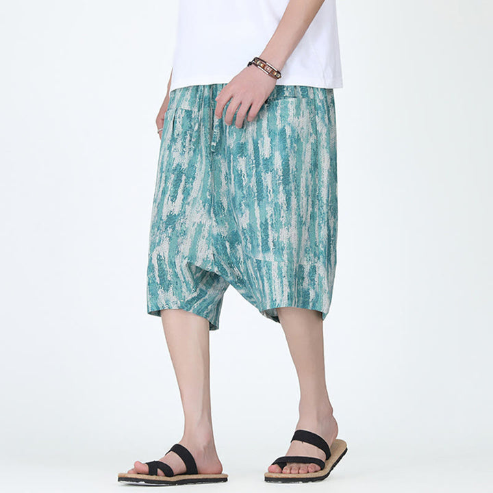 Pantaloni Capri da uomo in cotone e lino a righe estive Buddha Stones con tasche - image 1