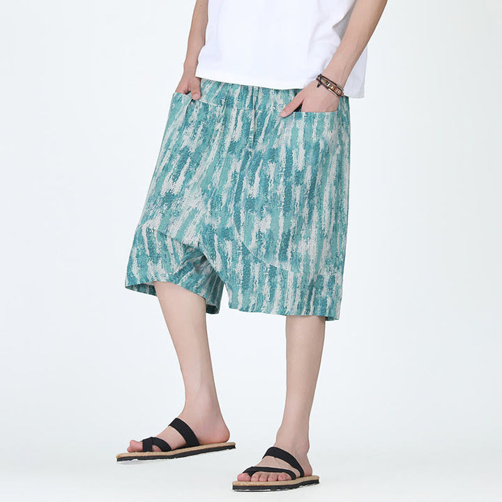 Pantaloni Capri da uomo in cotone e lino a righe estive Buddha Stones con tasche