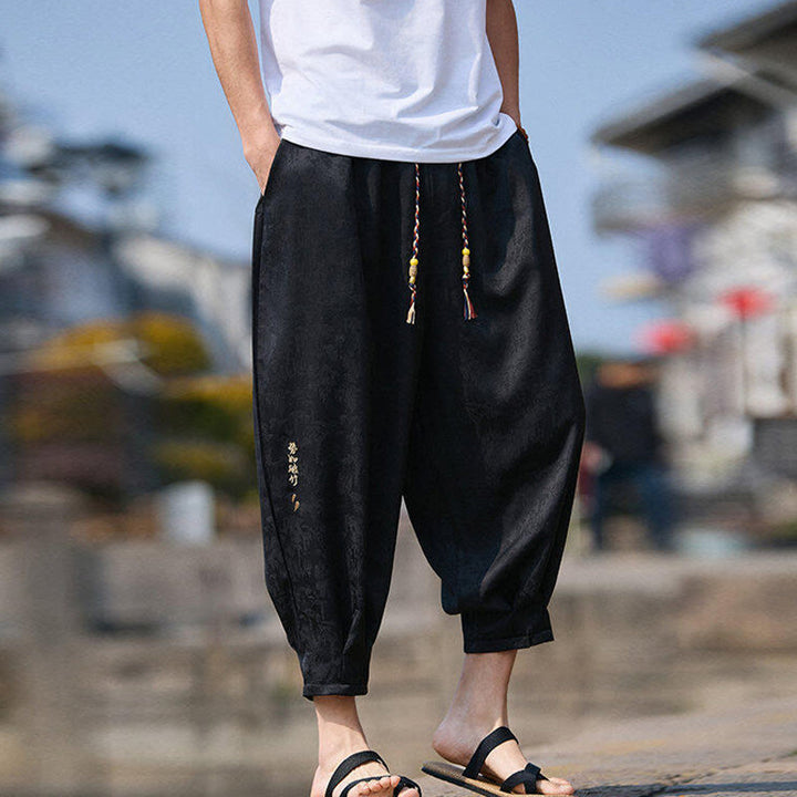 Pantaloni da uomo con coulisse, lunghezza 7-8, con tasche, motivo: Buddha Stones Summer Character Embroidery Design
