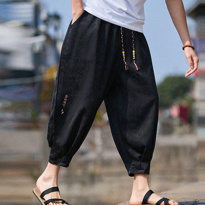 Pantaloni da uomo con coulisse, lunghezza 7-8, con tasche, motivo: Buddha Stones Summer Character Embroidery Design