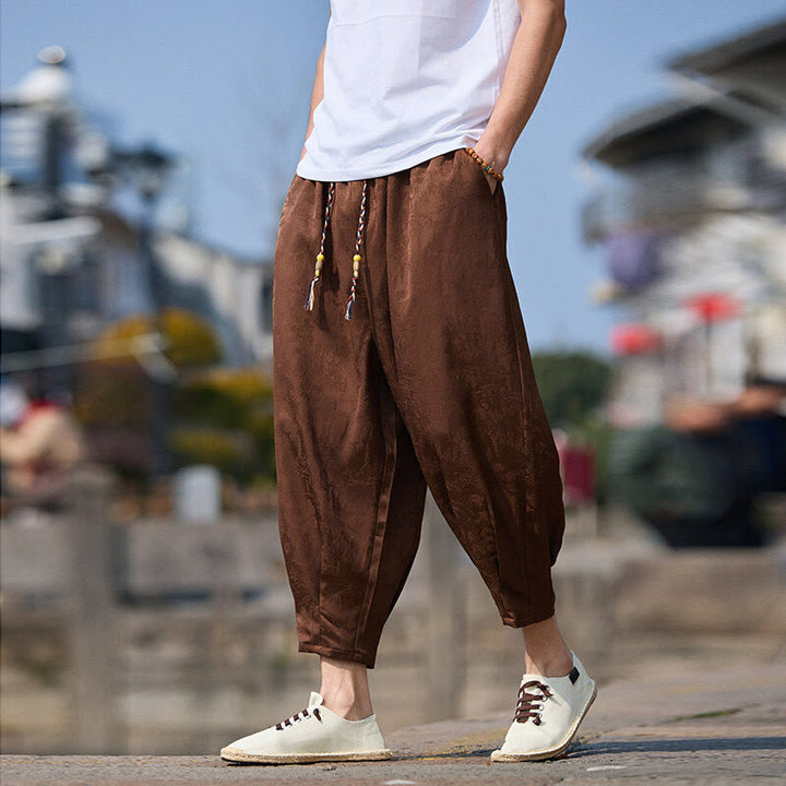 Pantaloni da uomo con coulisse, lunghezza 7-8, con tasche, motivo: Buddha Stones Summer Character Embroidery Design - Marrone sella - US/UK/AU46, EU56 (5XL) - image 8
