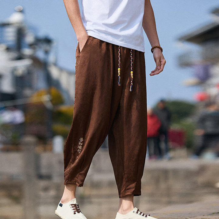 Pantaloni da uomo con coulisse, lunghezza 7-8, con tasche, motivo: Buddha Stones Summer Character Embroidery Design