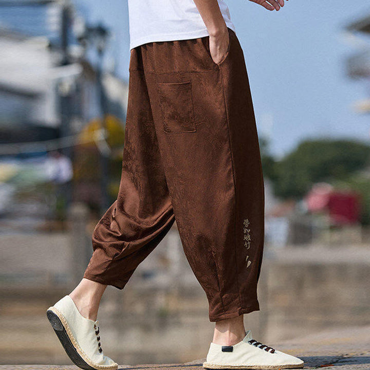 Pantaloni da uomo con coulisse, lunghezza 7-8, con tasche, motivo: Buddha Stones Summer Character Embroidery Design