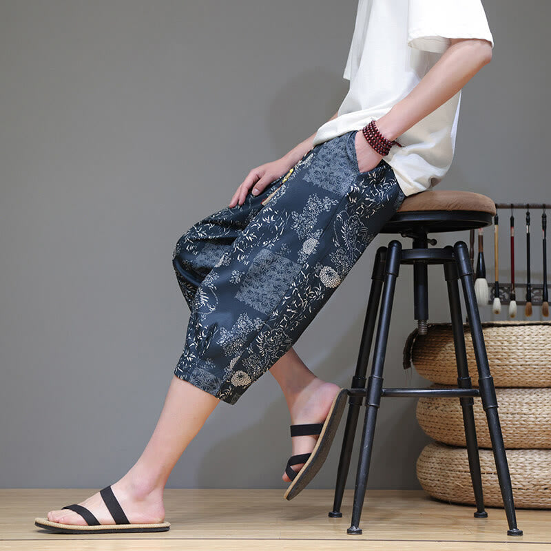 Pantaloni Capri da uomo in cotone e lino con tasche, motivo Buddha Stones, foglie di bambù estive e fiori - image 8